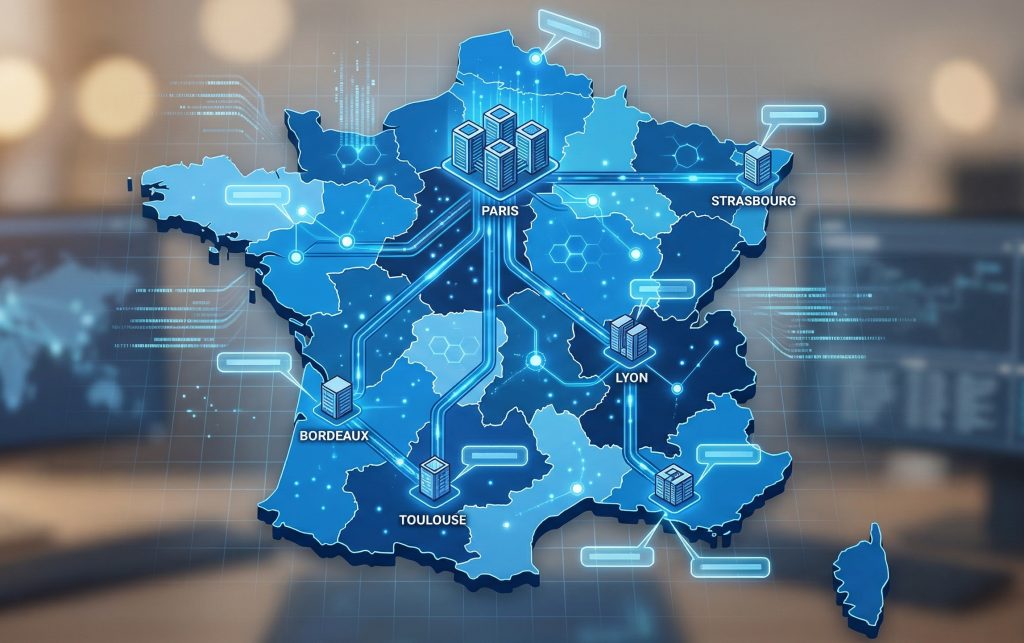 Carte cartographique de la France (Bleu) illustrant la répartition des Data Centers souverains certifiés SecNumCloud en mars 2026, reliés par des flux de données.