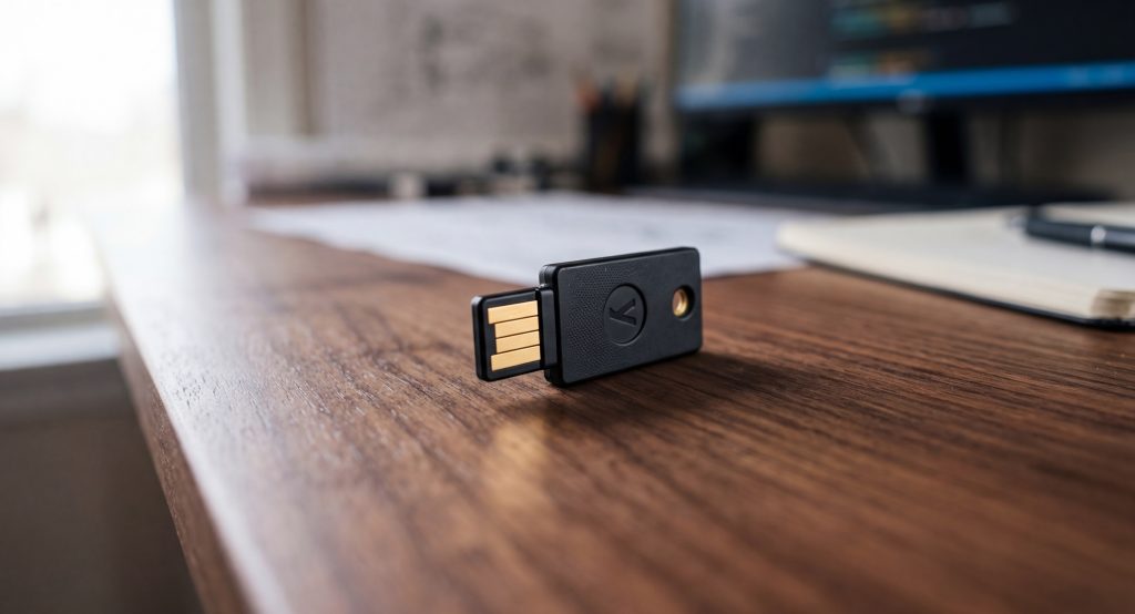 Clé de sécurité physique Yubikey noire sur bureau en bois sombre, symbole de la cybersécurité souveraine et de la directive NIS 2 en mars 2026.